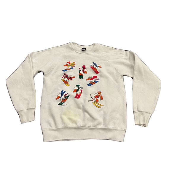 Screen Stars Other - Vintage 80s Screen Stars White Jim Benton Ducks Skiing Sweatshirt Size L 1986